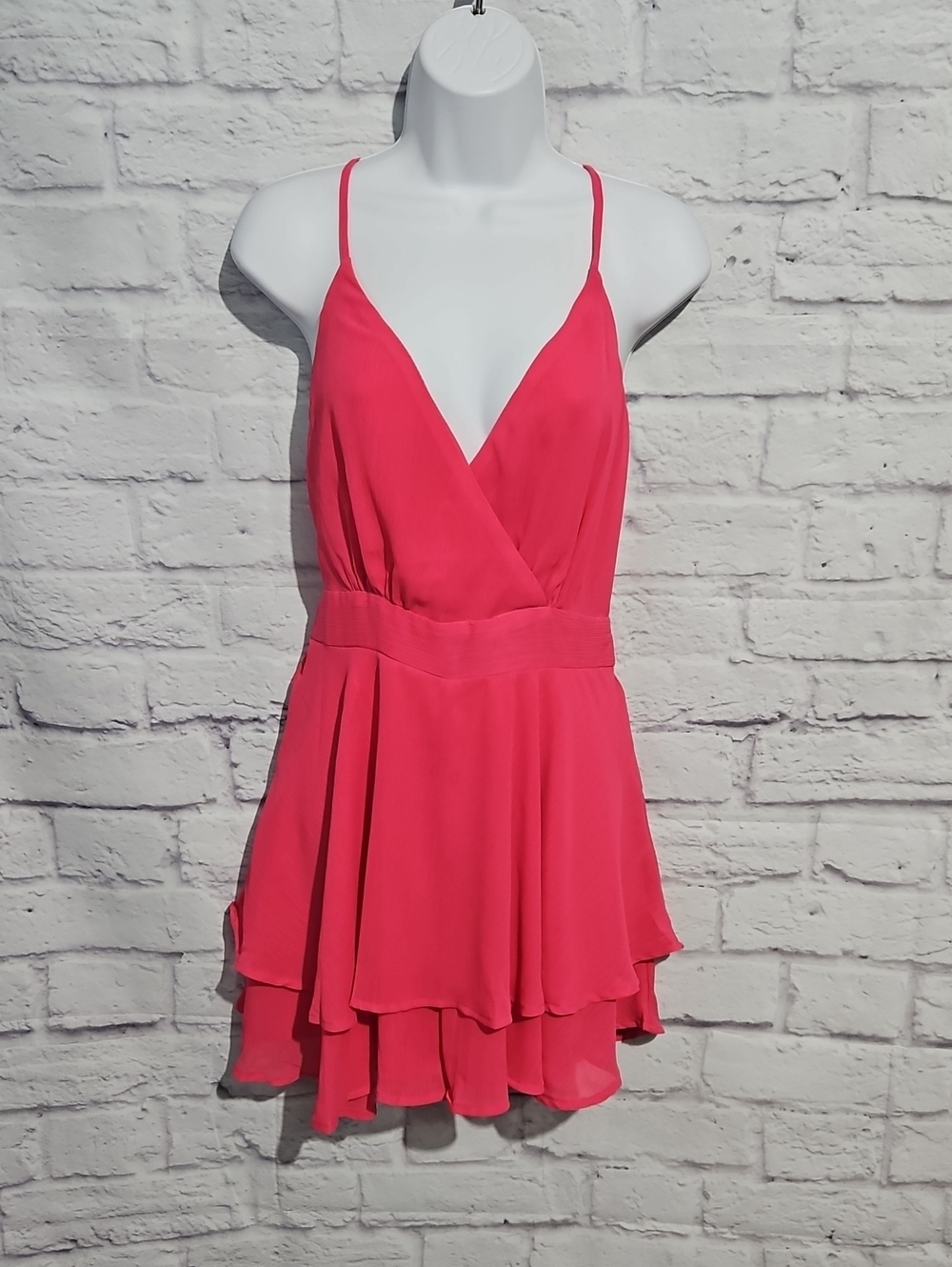 Women's Hot Pink Spaghetti-Strap Romper with V-Neck